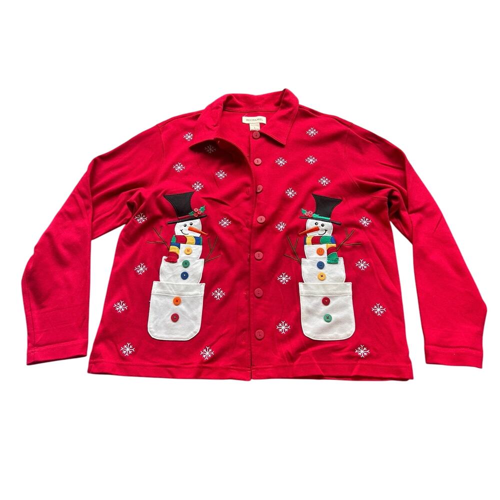 Bechamel-LRG Front button collar blouse- Cotton- Snowman Design- hot red winter